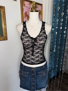 Vintage Y2K Black Lace Tank Top with Ribbon Tie